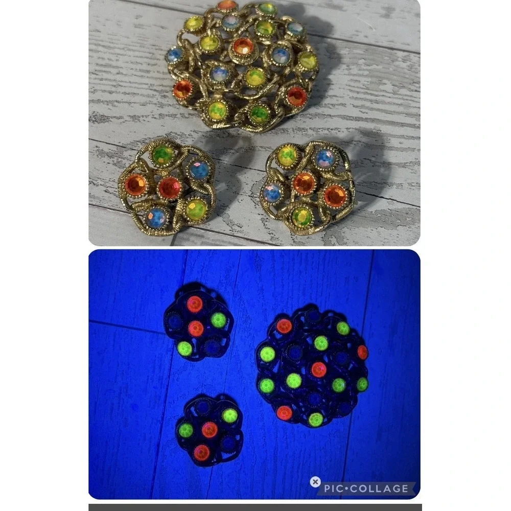 VTG SARAH COVENTRY Moon Lite Iridescent Rhinestone Brooch & Earrings Set UV Glow